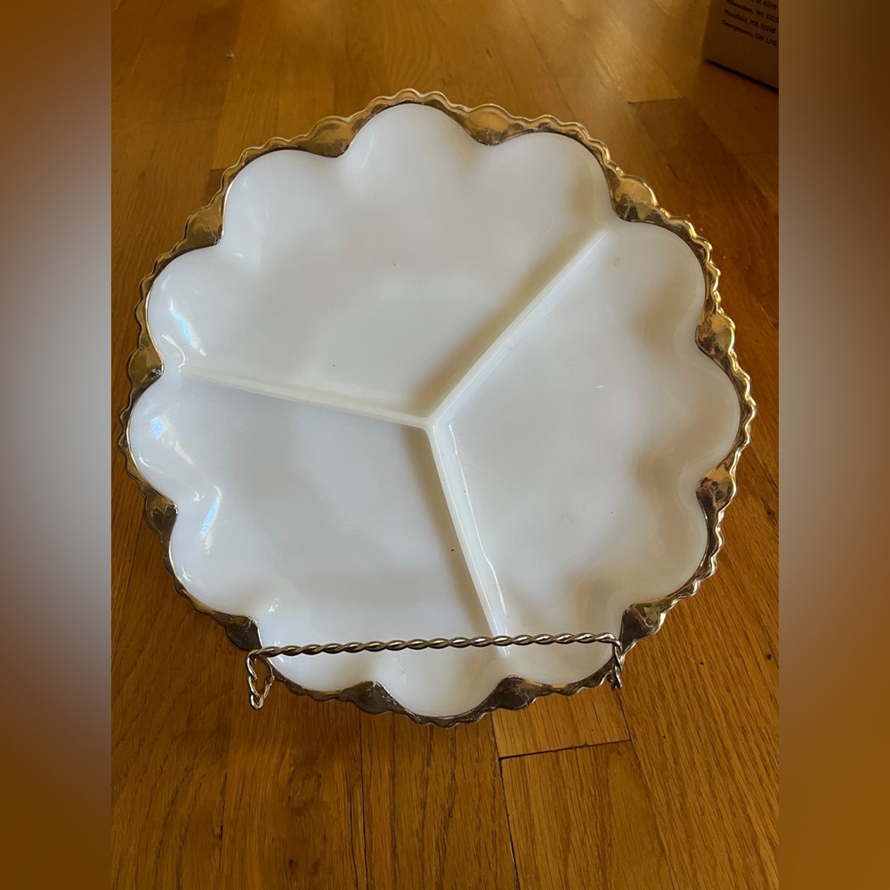 Vintage Fire King Milk Glass Divided Relish Dish Plate with Gold Trim 9 1/2”